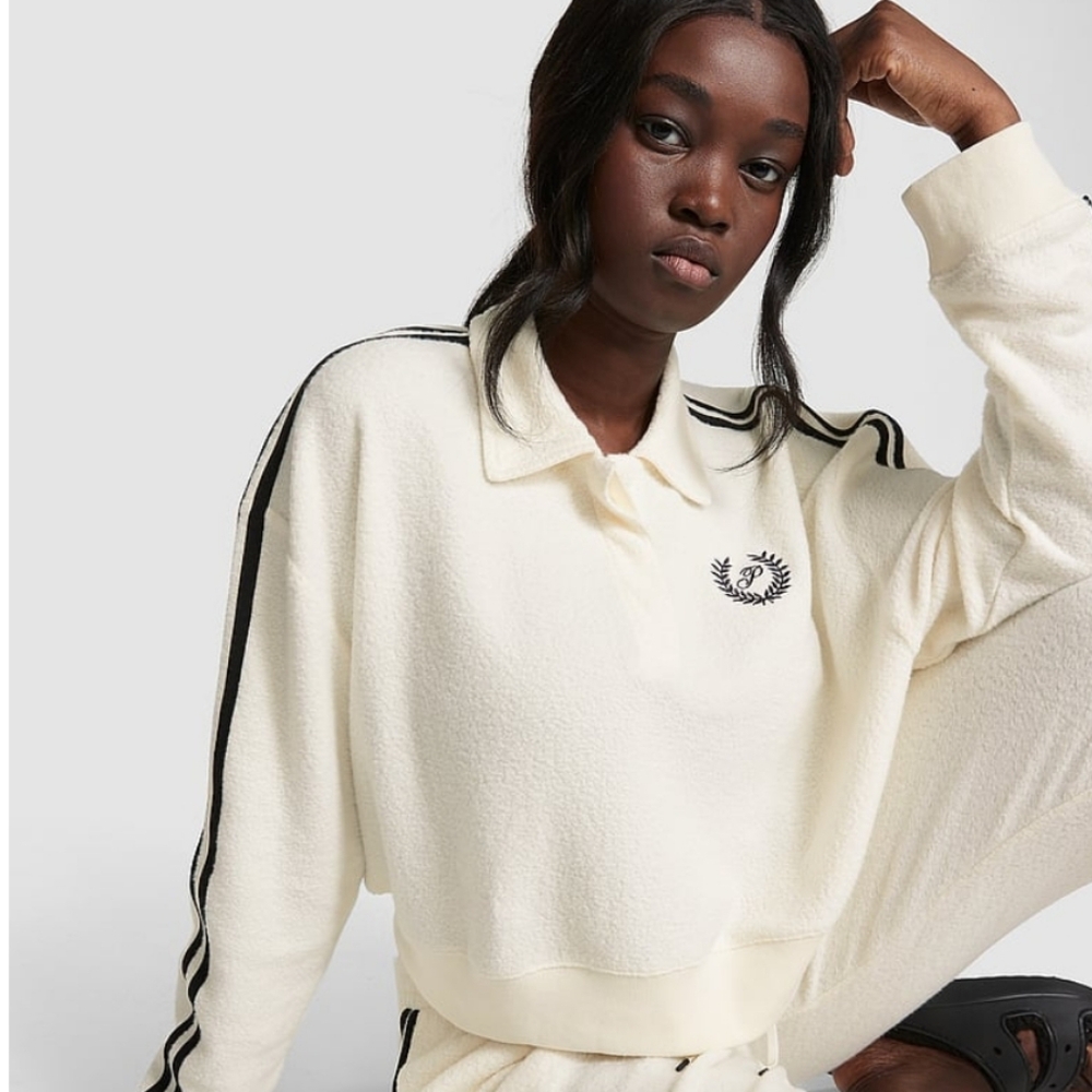 Victoria's Secret PINK Cream Reverse Fleece Cropped Sweatshirt NWT SZ XL‎ - Picture 5 of 11